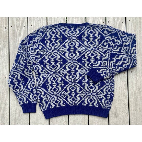 Vintage 1990s J.Crew Outfitters Hand Knit Shetland Wool Sweater Blue Gray L - Picture 10 of 13